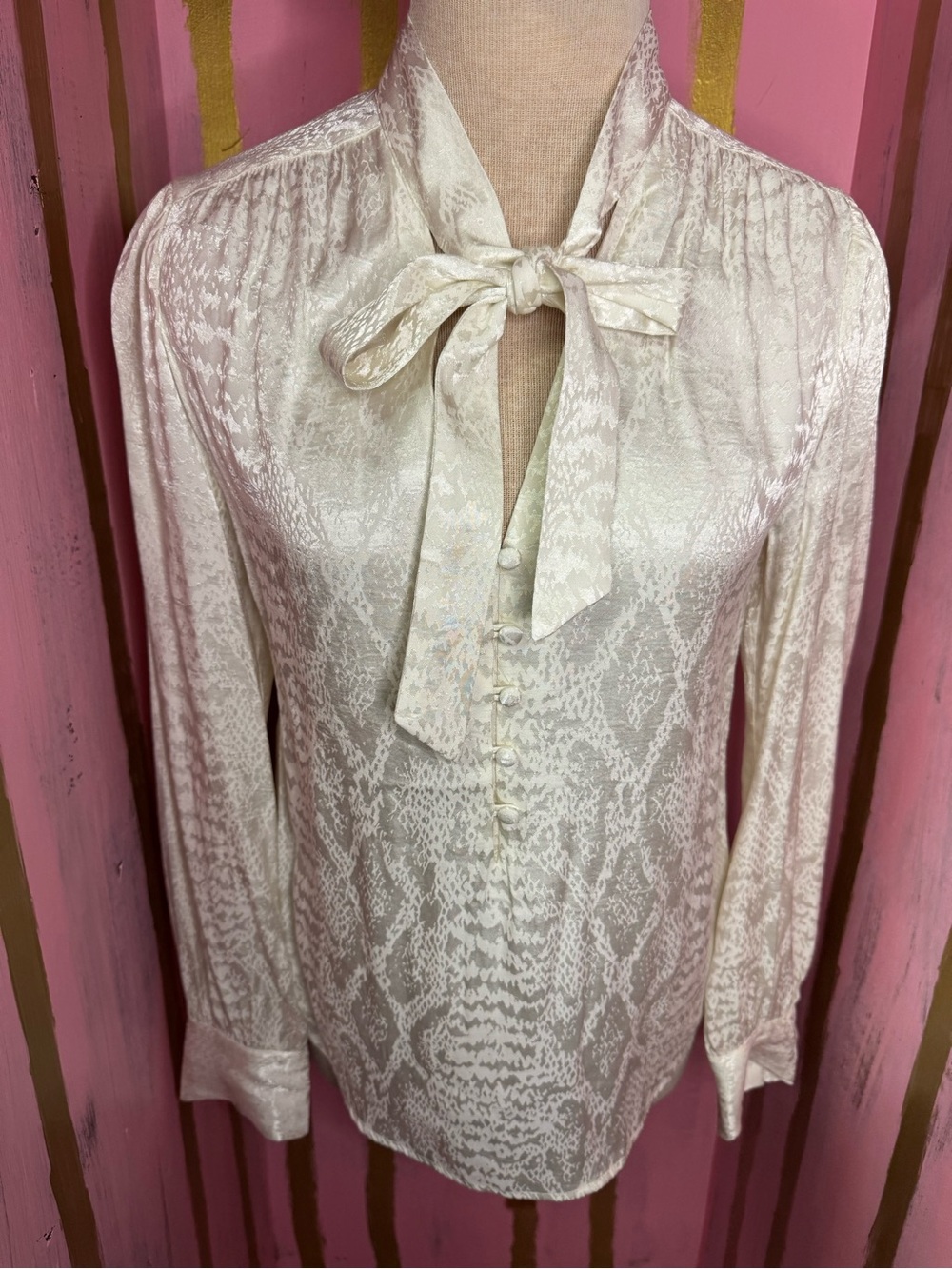 Express Snake Skin Pattern Cream Tie-Neck Blouse - Women Tops - Size Petite SM